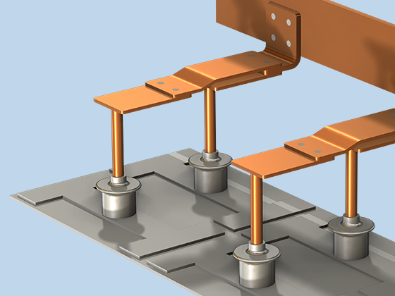 A closeup view of a busbar assembly model showing the materials.